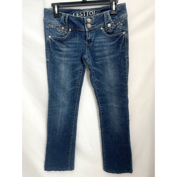 C Est Toi USA Y2K Bedazzled Low Rise Gems Jeans Sz 5 Dark Wash Barbie Bling Cute - Picture 1 of 11